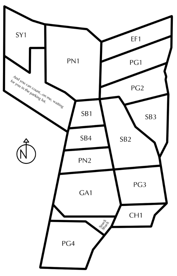 Smethurst Vineyard Naramata map showing Rosé, Gamay, Pinot Noir, En Famille Pinot Noir, Pinot Gris, Sauvignon Blanc, and En Famille Chardonnay
