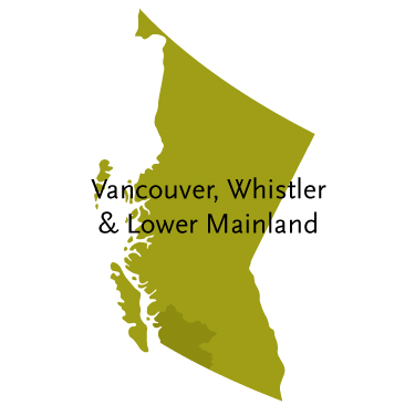 BC map showing Vancouver, Whistler & Lower Mainland areas shaded